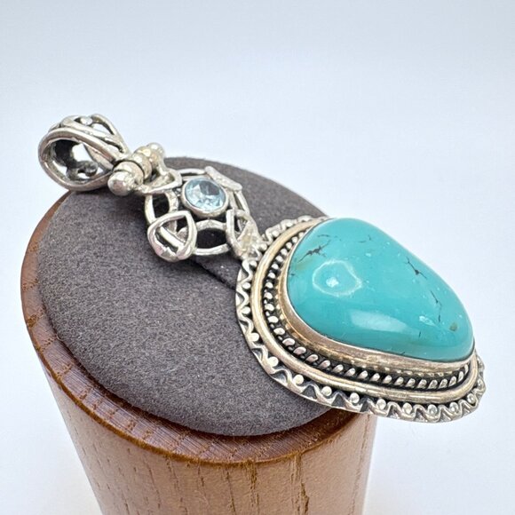 VTG Sterling Silver 925 Turquoise & Blue Topaz Pendant Size 2.5" Length - Picture 2 of 11